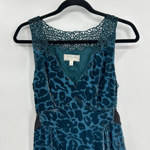 ANTHROPOLOGIE Moulinette Soeurs *FLAWED* Teal Blue Patterned Velvet Silk Dress 4 - Picture 4 of 10